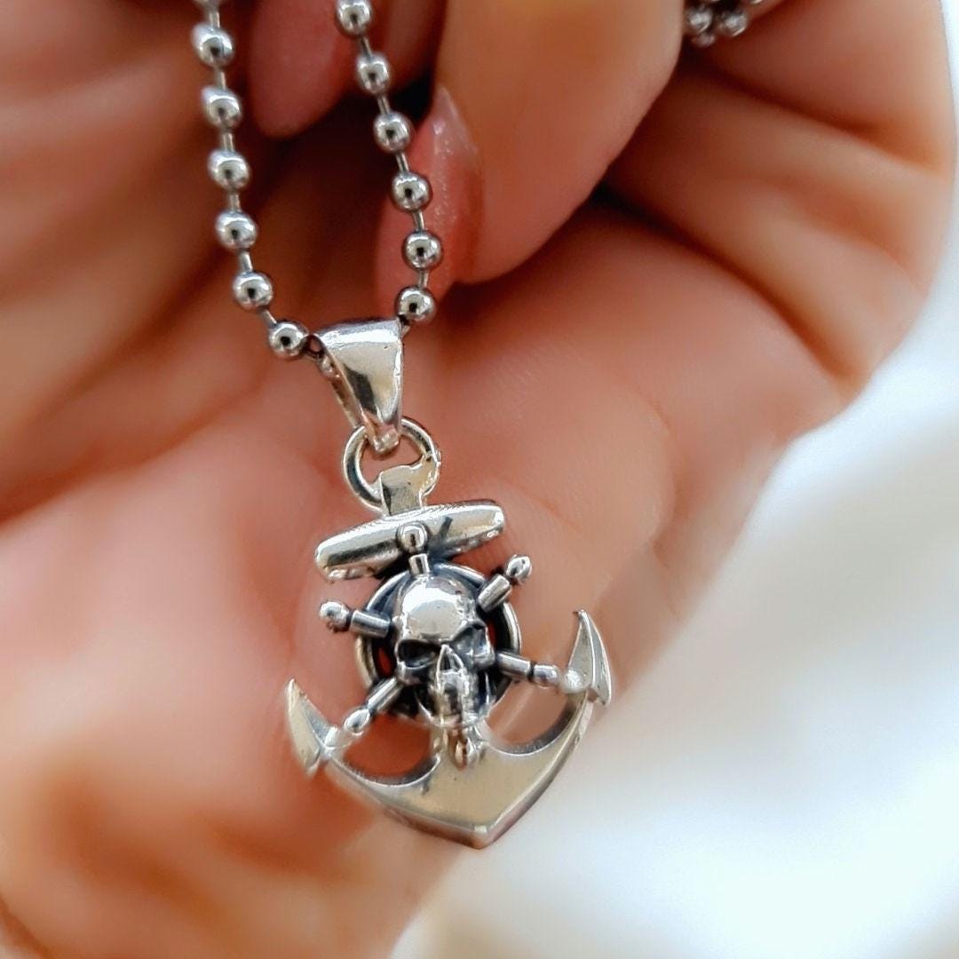 Nautical Anchor with Skull Pendant • Sterling Silver skull Pirate Handmade jewelry