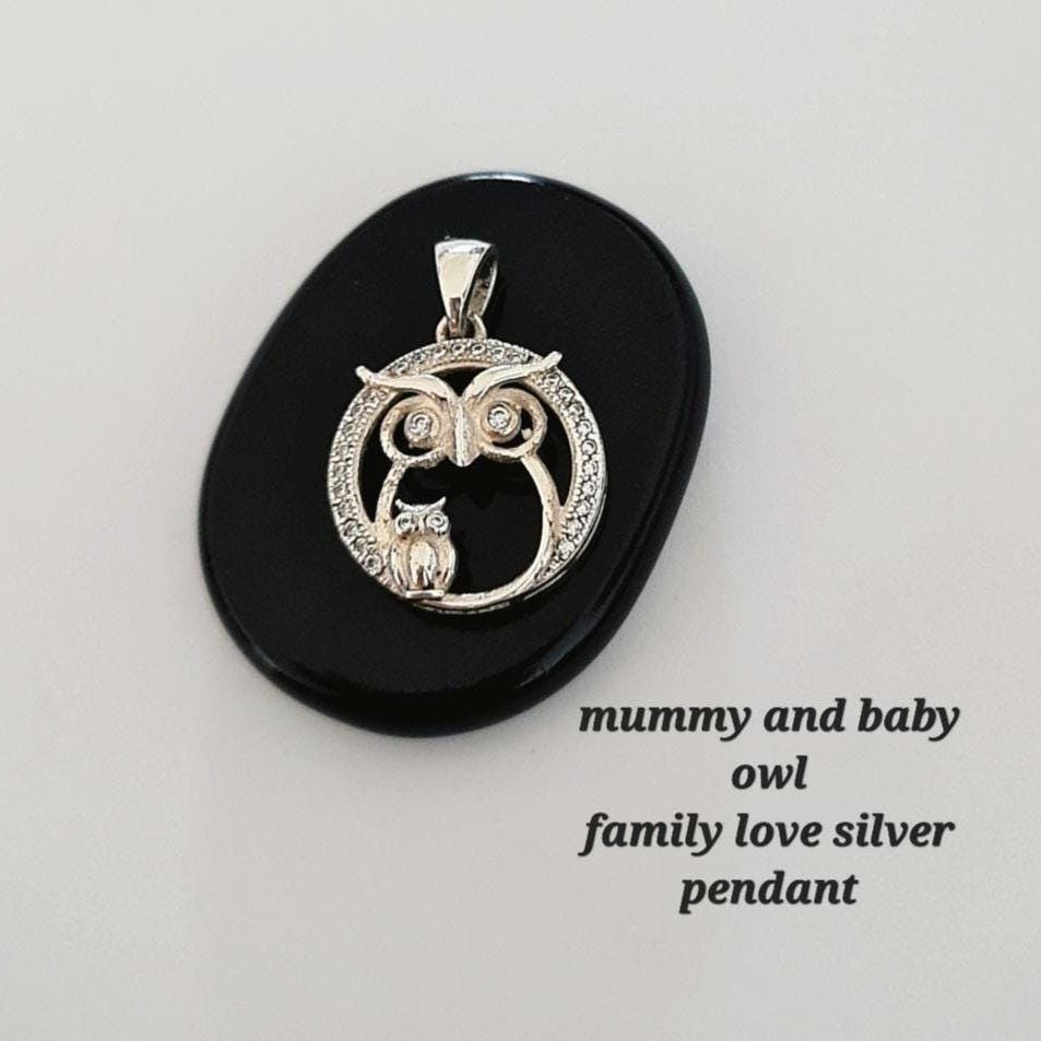 Sterling Silver Mummy & Baby Owl Pendant: Sparkling Stone Eyes