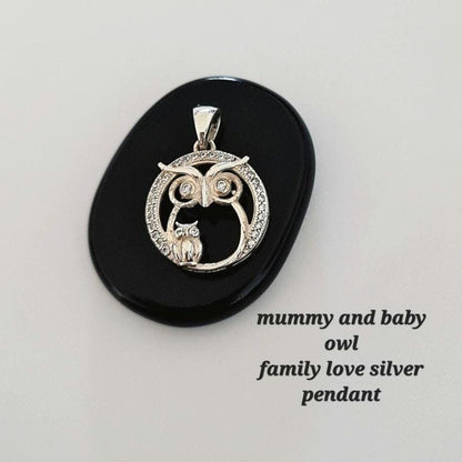Sterling Silver Mummy & Baby Owl Pendant: Sparkling Stone Eyes