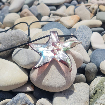 Oversized Murano Glass Starfish Pendant Necklace: Millefiori Glass