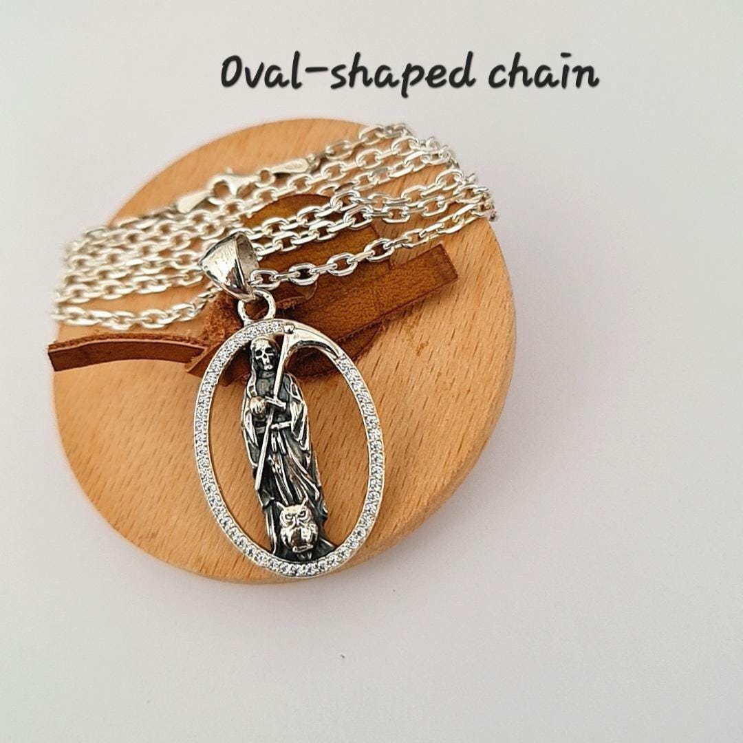 Handmade Silver Santa Muerte Pendant: Gothic Scythe Amulet with Zirconia