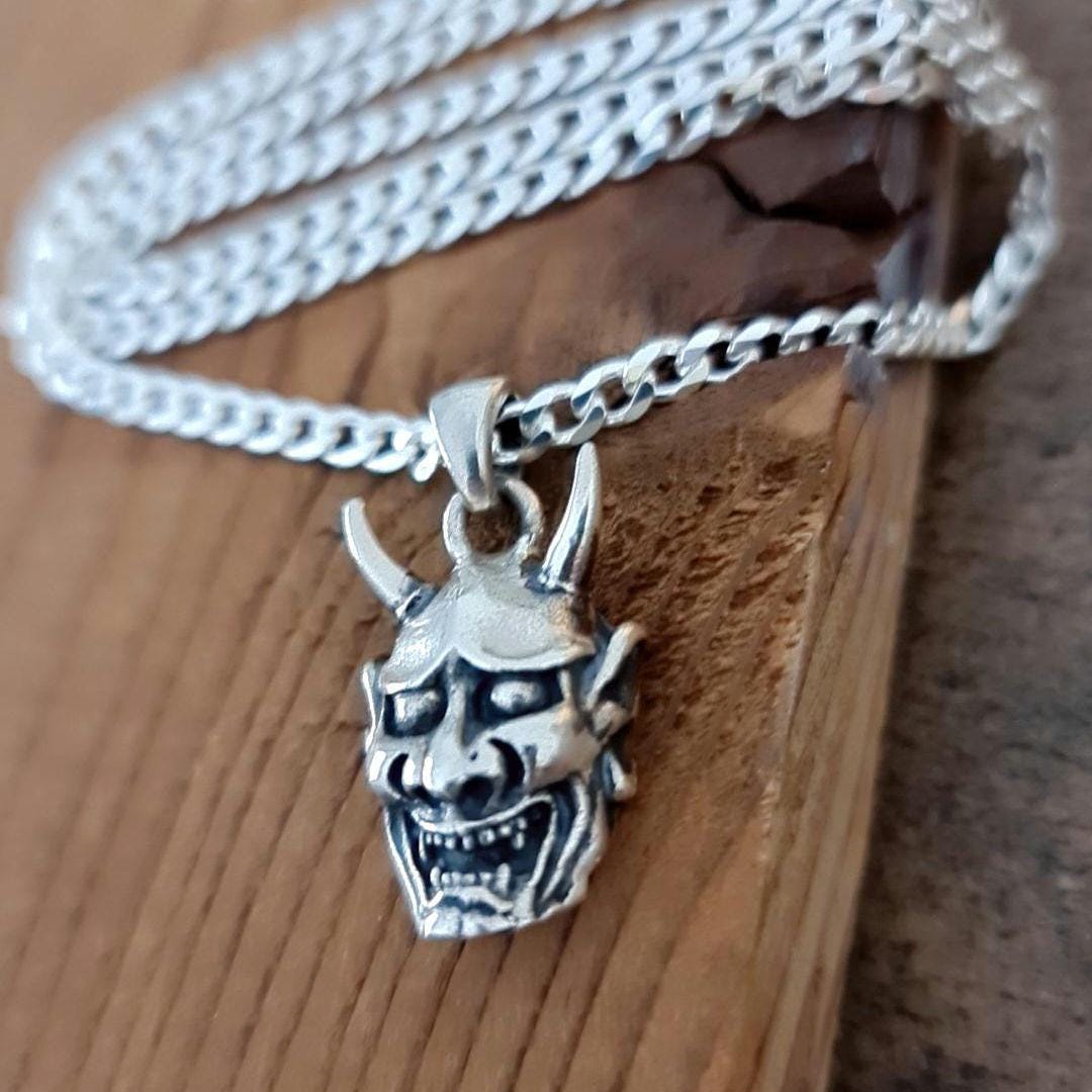 Sterling Silver Japanese Oni Mask Pendant: Gothic Biker Jewelry
