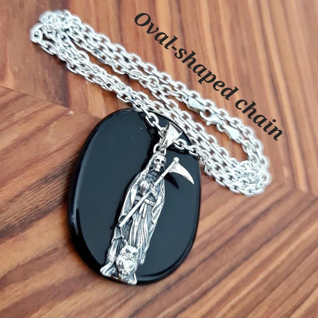Handmade 925 Silver Santa Muerte Scythe Necklace: Gothic Grim Reaper Pendant