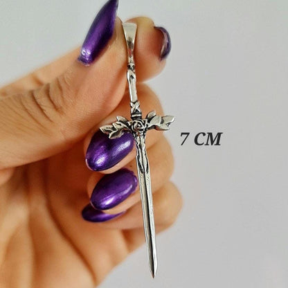 Sterling Silver Blue Rose Sword Pendant: Anime Fantasy Jewelry
