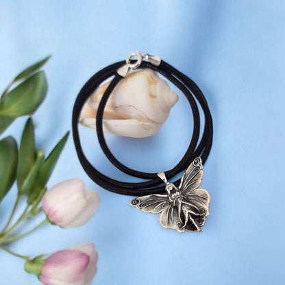 Fairy Necklace  – Silver Faerie Pendant, 45cm PU Cord with Silver Clasp, Fantasy Jewelry, Fairycore Gift for Her