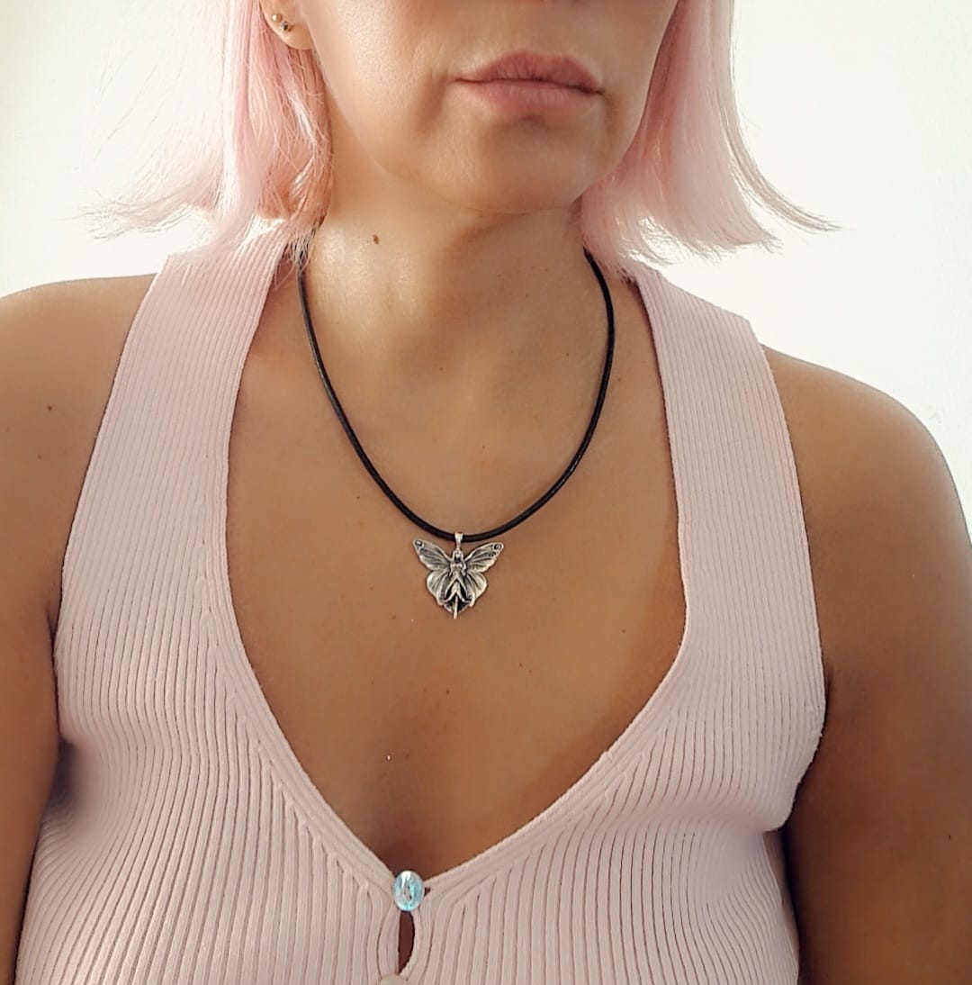 Fairy Necklace  – Silver Faerie Pendant, 45cm PU Cord with Silver Clasp, Fantasy Jewelry, Fairycore Gift for Her