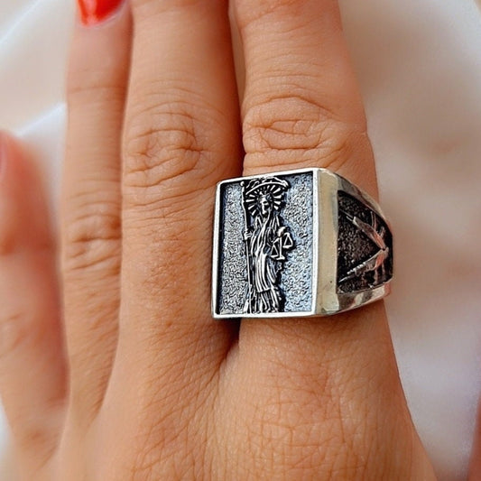 Handmade Santa Muerte Silver Ring: Divine Protection Skull Jewelry