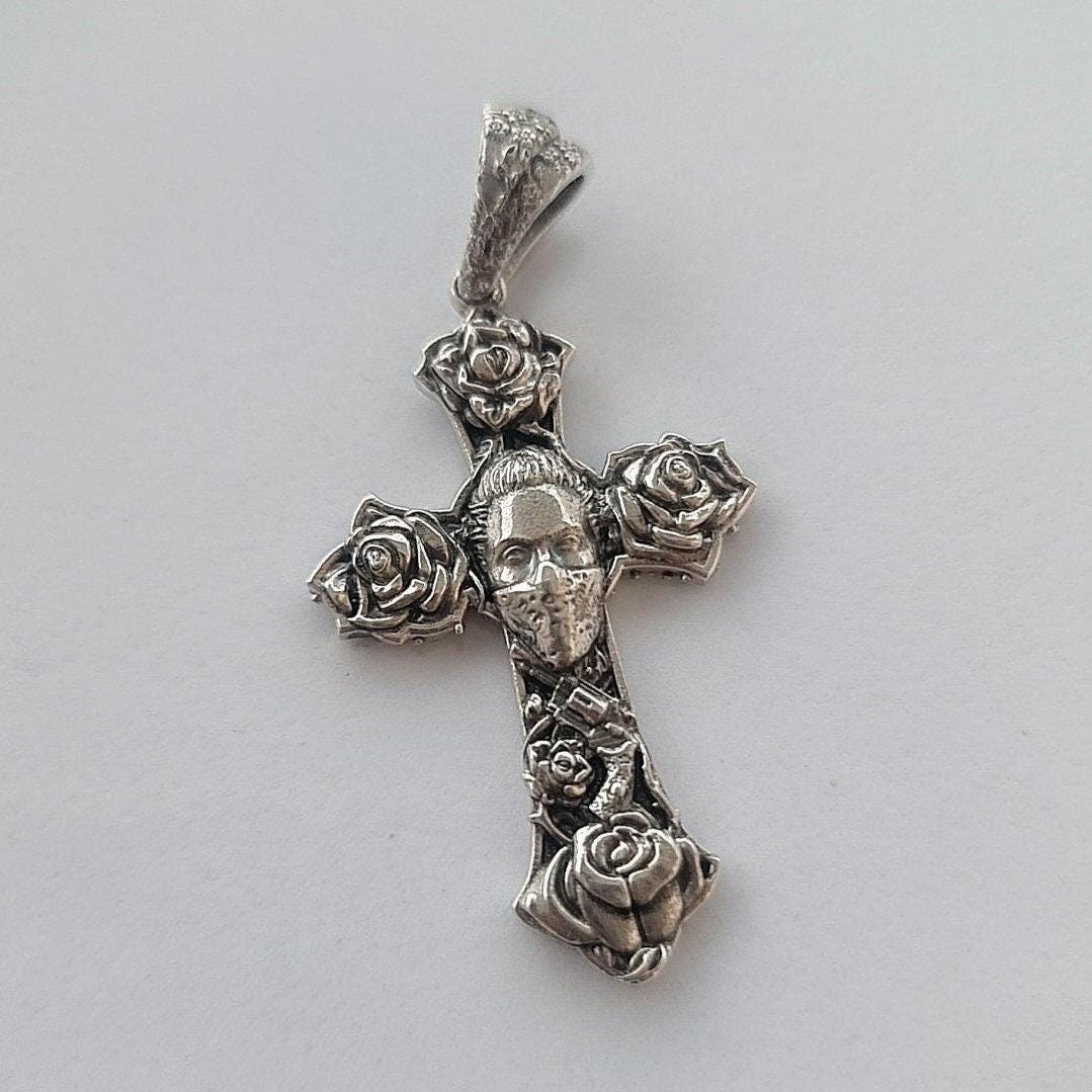 Handmade Sterling Silver Chicano Tattoo Cross Pendant