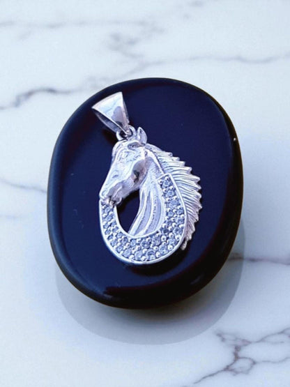 Sterling Silver Horse Pendant: Zircon Horseshoe Equestrian Necklace