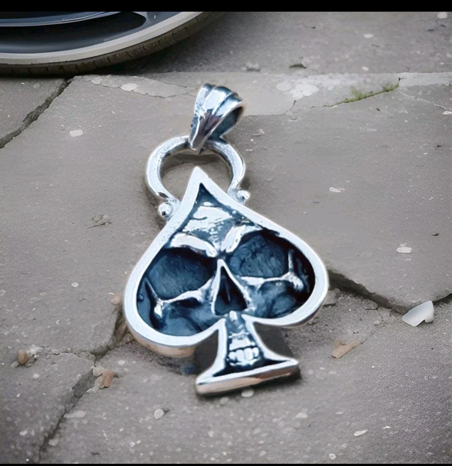 Handmade Sterling Silver Ace of Spades Skull Pendant: Gothic Punk Jewelry