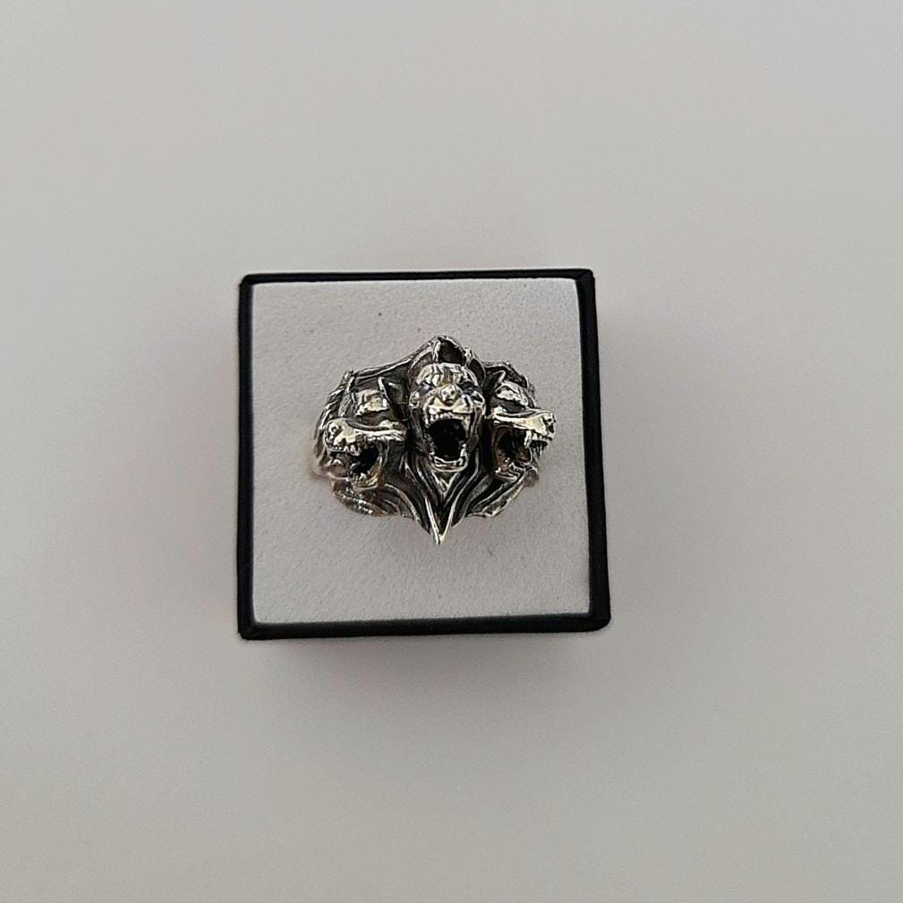 Cerberus Silver Ring • Three Headed Dog Mythology Jewelry • Greek God Hades Guardian Ring • Gothic Statement Gift for Him or Her