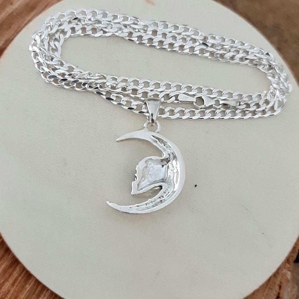 Handmade Gothic Sterling Silver Skull Moon Pendant Necklace