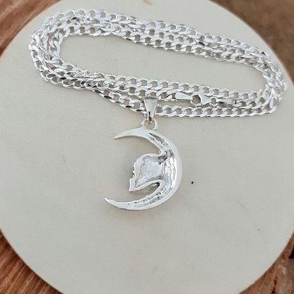 Handmade Gothic Sterling Silver Skull Moon Pendant Necklace