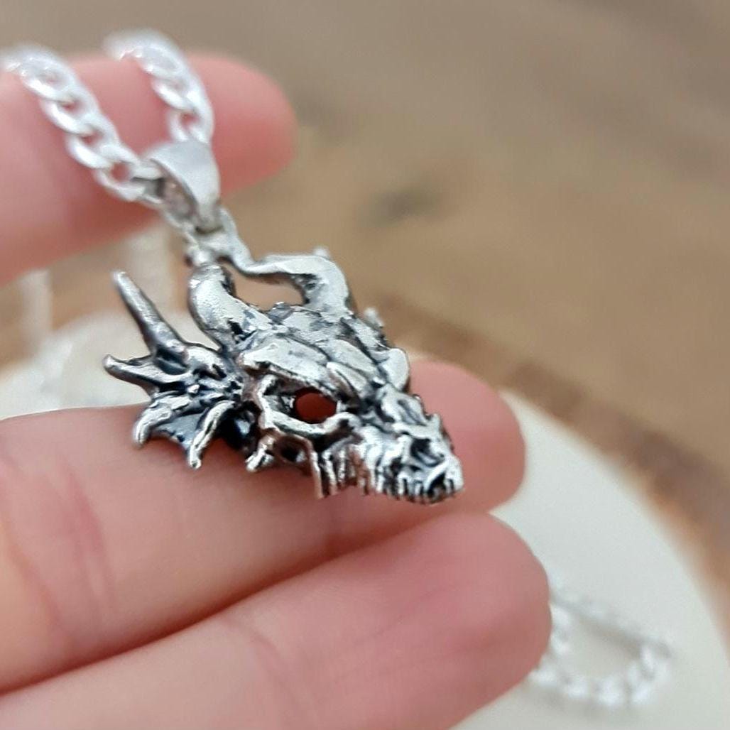 Handmade Sterling Silver Dragon Skull Pendant: Gothic Fantasy Jewelry