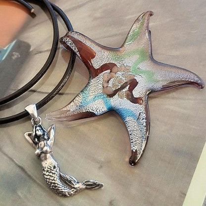 Oversized Murano Glass Starfish Pendant Necklace: Millefiori Glass