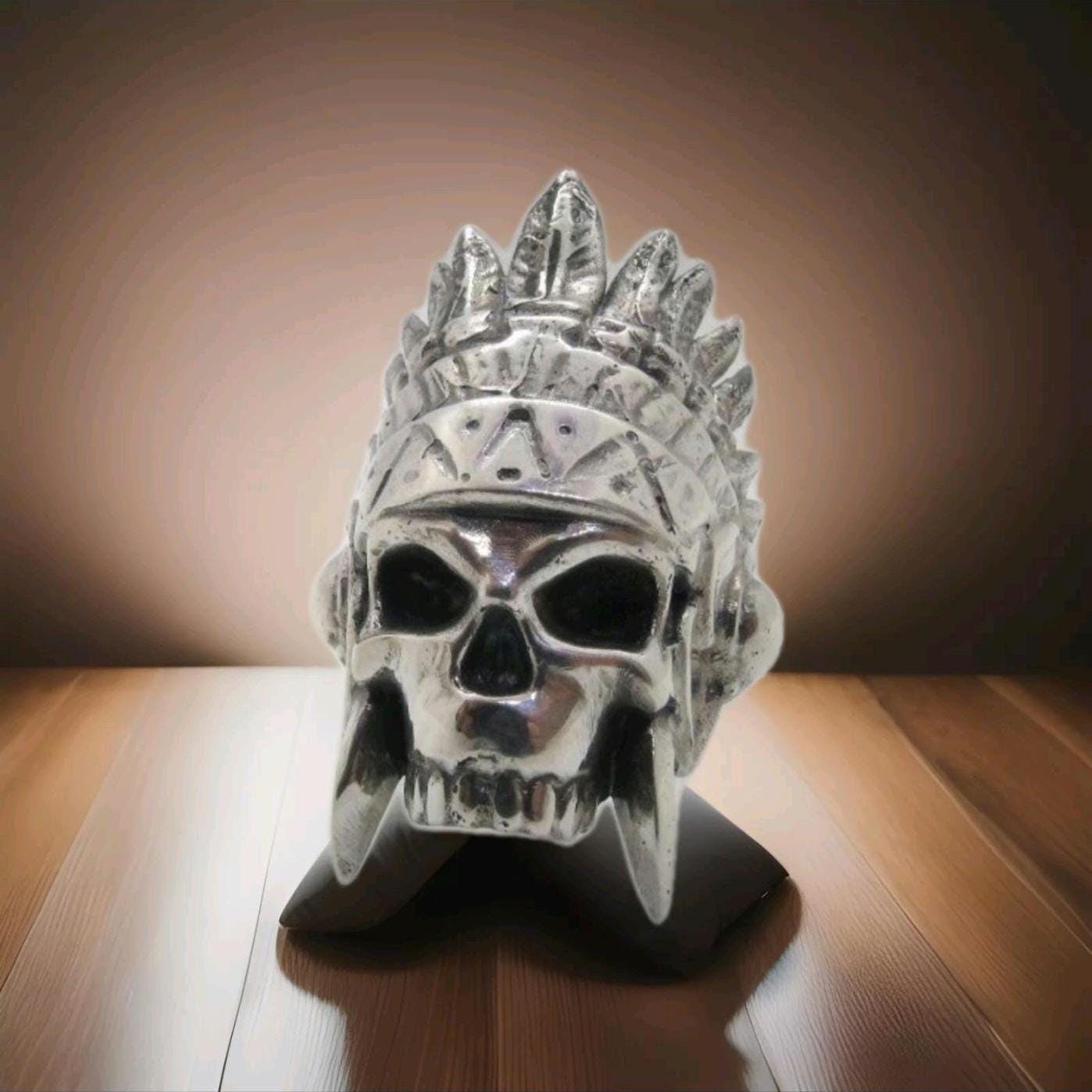 Handmade 925 Sterling Silver Native American Skull Ring: Gothic Chief Indian