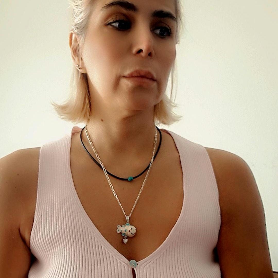 Silver Enamel Fish Necklace • 925 Sterling Silver Figaro Chain 50cm • Ocean Jewelry • Colorful Fish Pendant