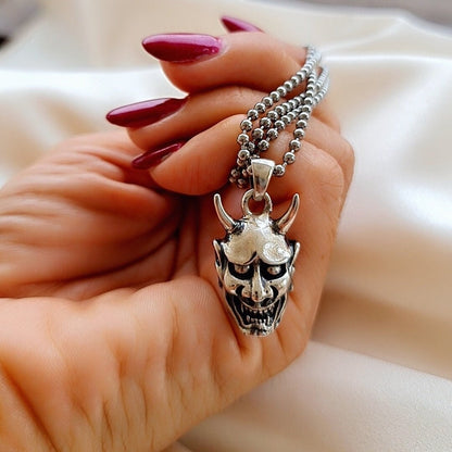 Sterling Silver Japanese Oni Mask Pendant: Gothic Biker Jewelry