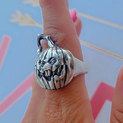 Jack-o'-Lantern Pumpkin ring -Spooky Halloween Jewelry- Handmade Sterling Silver