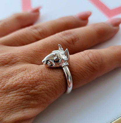 Detailed Bull Terrier Dog Band Ring 925 - Sterling Silver Handmade Animal Jewelry  -