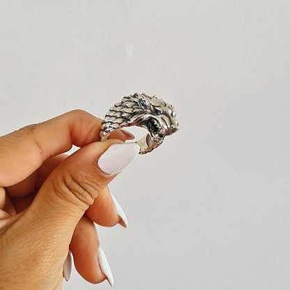 Sterling Silver Game of Thrones Direwolf Winter is Coming Ring: Handmade Viking Wolf Head Jewelry