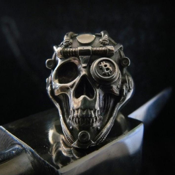 Handmade Sterling Silver Bitcoin Skull Ring: Gothic Crypto Jewelry