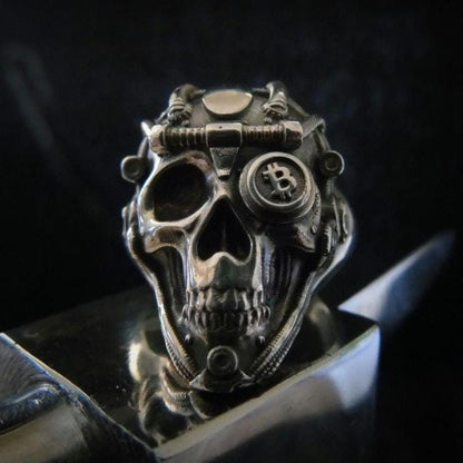 Handmade Sterling Silver Bitcoin Skull Ring: Gothic Crypto Jewelry