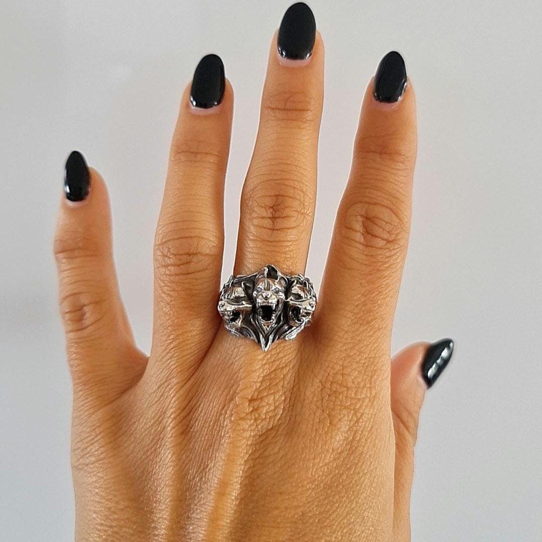 Cerberus Silver Ring • Three Headed Dog Mythology Jewelry • Greek God Hades Guardian Ring • Gothic Statement Gift for Him or Her