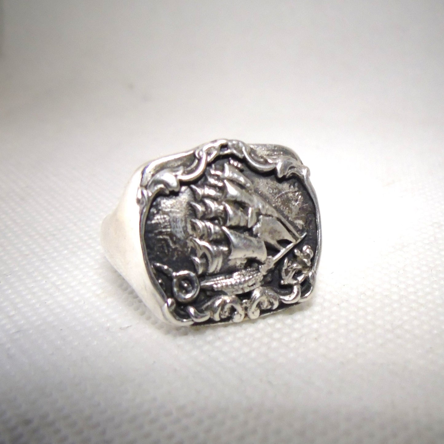Handmade Sterling Silver Kraken Signet Ring: Gothic Pirate Ship Design
