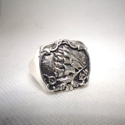 Handmade Sterling Silver Kraken Signet Ring: Gothic Pirate Ship Design