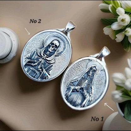 925 Silver Santa Muerte Pendant: Gothic Praying Skull Necklace