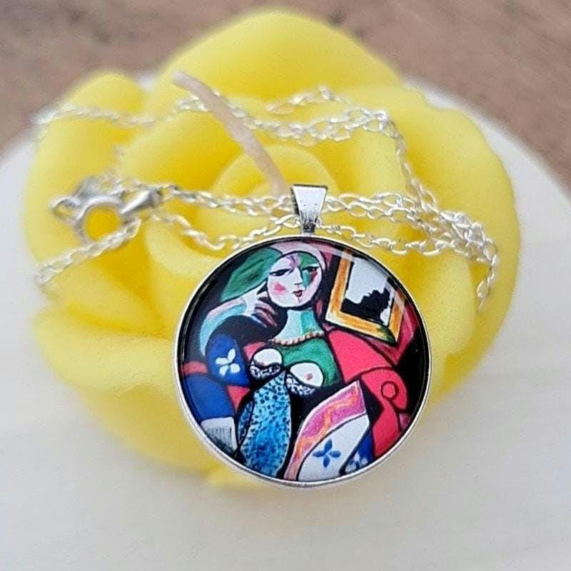 Picasso Art Nouveau Cabochon Necklace: 925 Sterling Silver Pendant