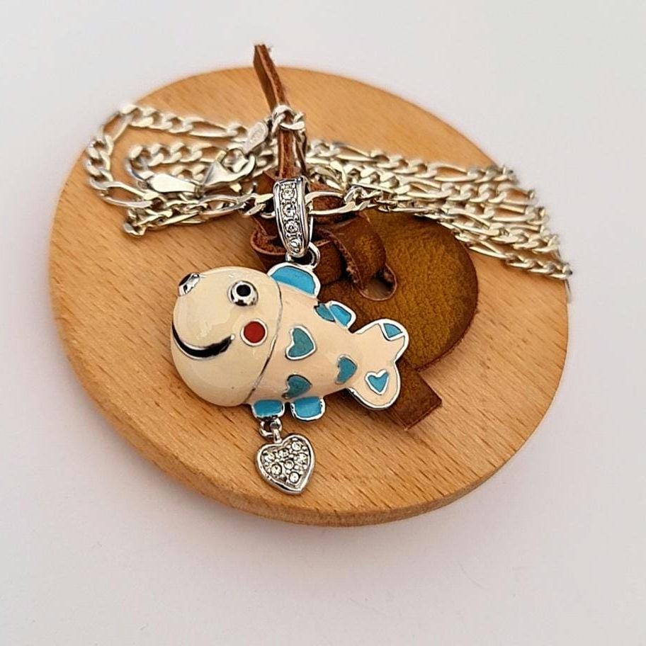 Silver Enamel Fish Necklace • 925 Sterling Silver Figaro Chain 50cm • Ocean Jewelry • Colorful Fish Pendant