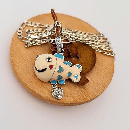 Silver Enamel Fish Necklace • 925 Sterling Silver Figaro Chain 50cm • Ocean Jewelry • Colorful Fish Pendant