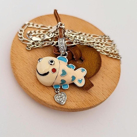 Silver Enamel Fish Necklace • 925 Sterling Silver Figaro Chain 50cm • Ocean Jewelry • Colorful Fish Pendant