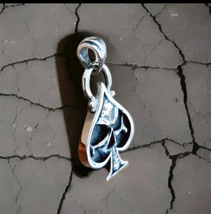 Handmade Sterling Silver Ace of Spades Skull Pendant: Gothic Punk Jewelry