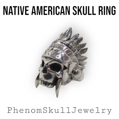 Handmade 925 Sterling Silver Native American Skull Ring: Gothic Chief Indian