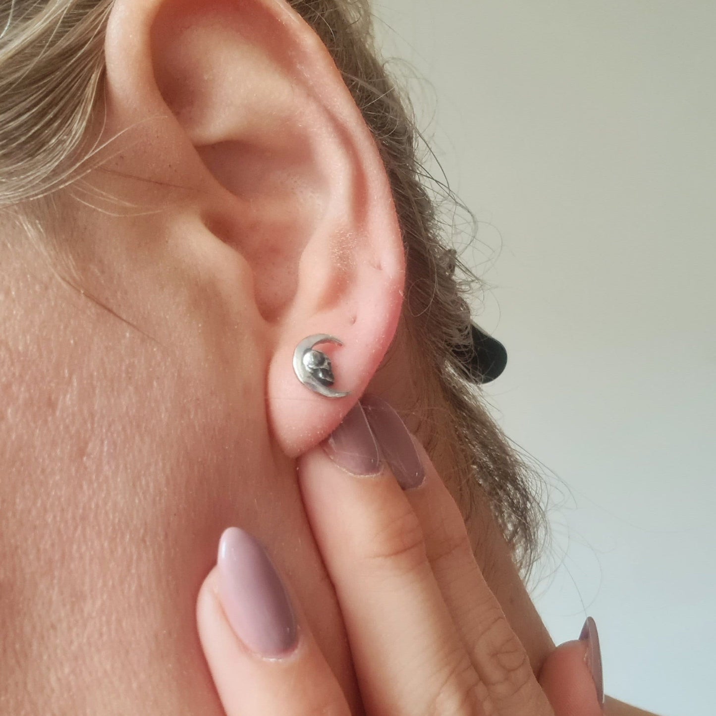 Handmade Gothic Skull Crescent Stud Earrings: 925 Sterling Silver