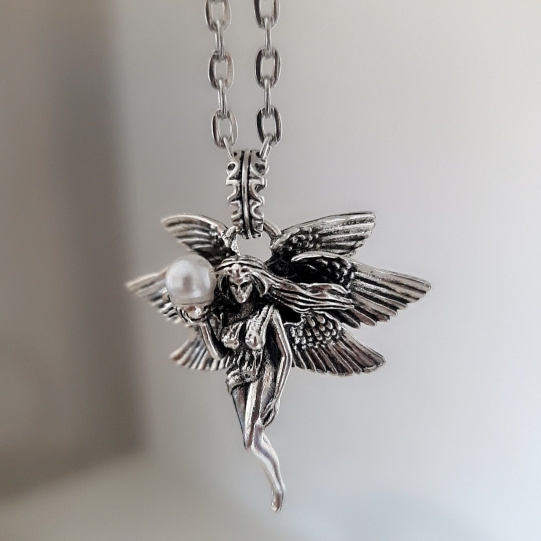 Retro Pearl Goddess Wing Angel Necklace  Unisex anime statement Necklace