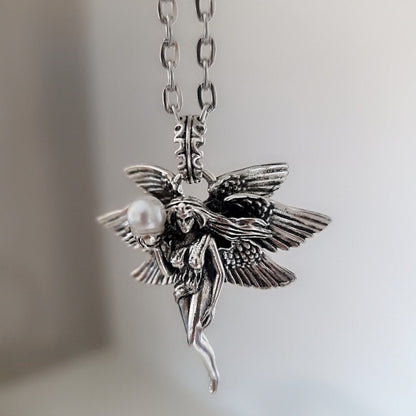Retro Pearl Goddess Wing Angel Necklace  Unisex anime statement Necklace