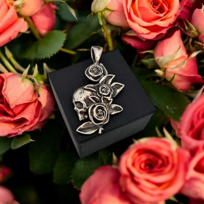 Gothic Skull & Roses Silver Pendant | Dark Rose Skull Charm | Alternative Witchy Jewelry