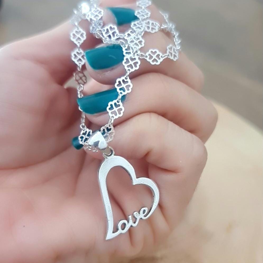 Handmade Sterling Silver Love Heart Necklace - Floral Chain