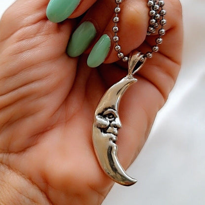 Crescent Moon Face Pendant  925 Sterling Silver - Unique Handcrafted