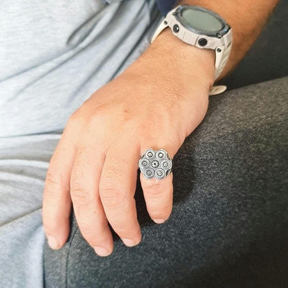 Bullet Revolver Ring - Ammo Signet Ring: Sterling Silver  Bullet Casing, Rebel Biker Style, Magnum Revolver Gun Cylinder Ring