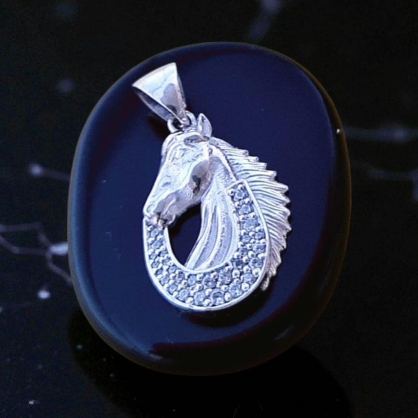 Sterling Silver Horse Pendant: Zircon Horseshoe Equestrian Necklace