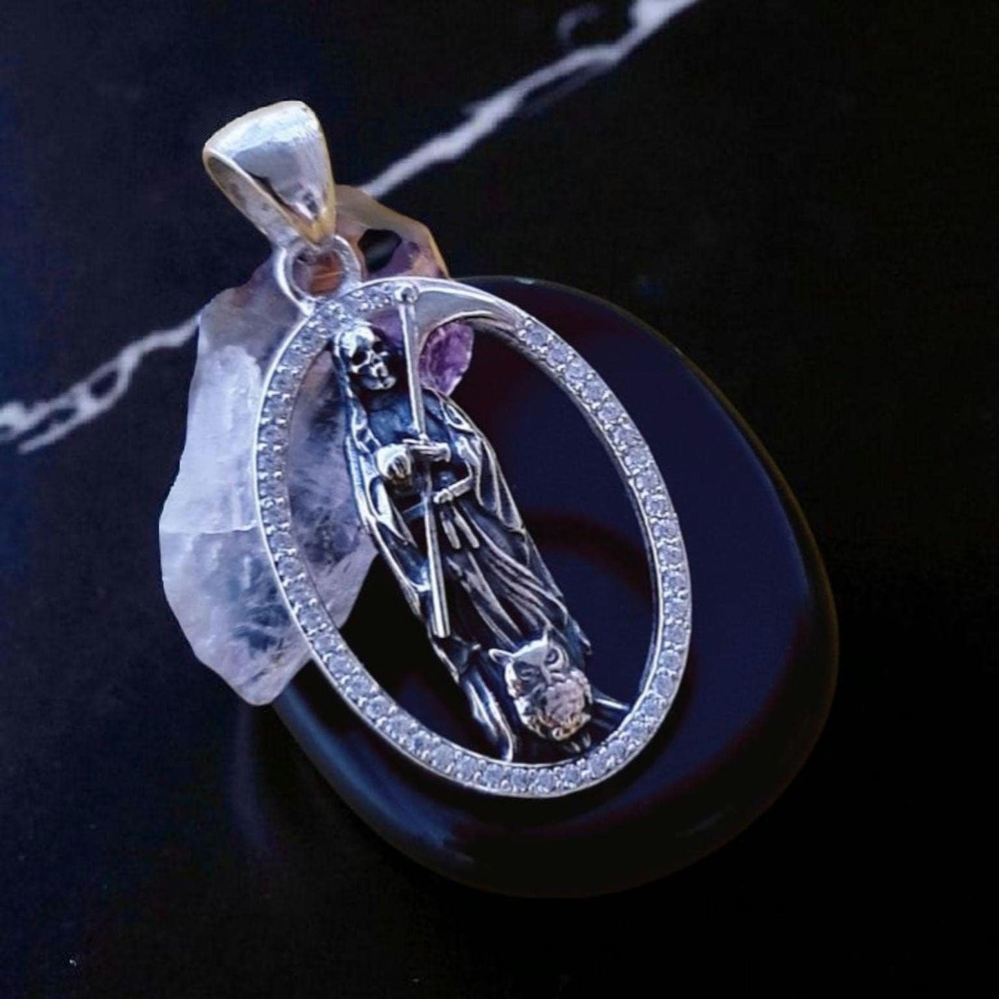 Handmade Silver Santa Muerte Pendant: Gothic Scythe Amulet with Zirconia