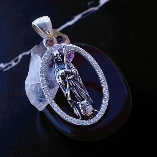 Handmade Silver Santa Muerte Pendant: Gothic Scythe Amulet with Zirconia