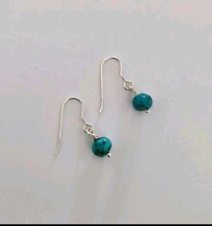 Natural Turquoise Bead Dangle Earrings – Sterling Silver Hook Earrings – Genuine Stone with Unique Matrix