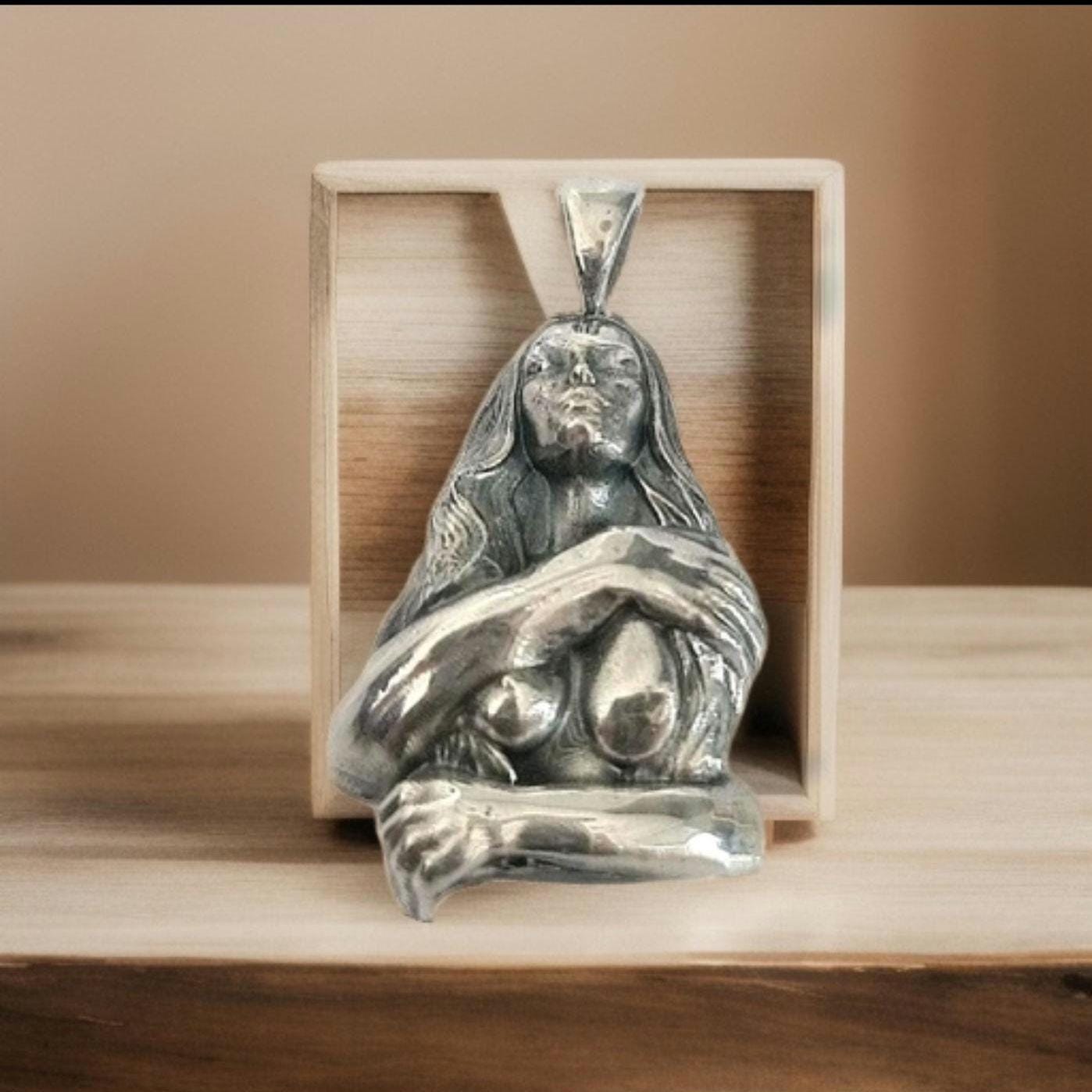 Retro topless godess held by man's arms- Pendant in 925  Sterling Silver -Unique Handcrafted Gift for Her or him
