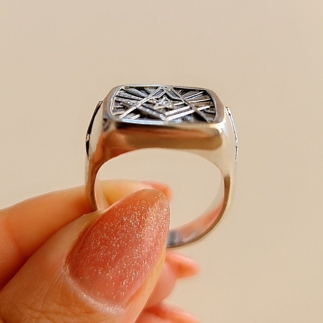 Masonic Square and Compass Symbol Ring - Solid Freemasonry Emblem for Men -925 Sterling Silver -